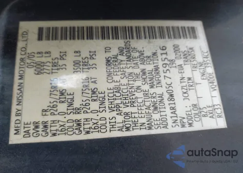 2005 Nissan Pathfinder Se Off-Road из США, поврежденный, VIN 5N1AR18W05C759516